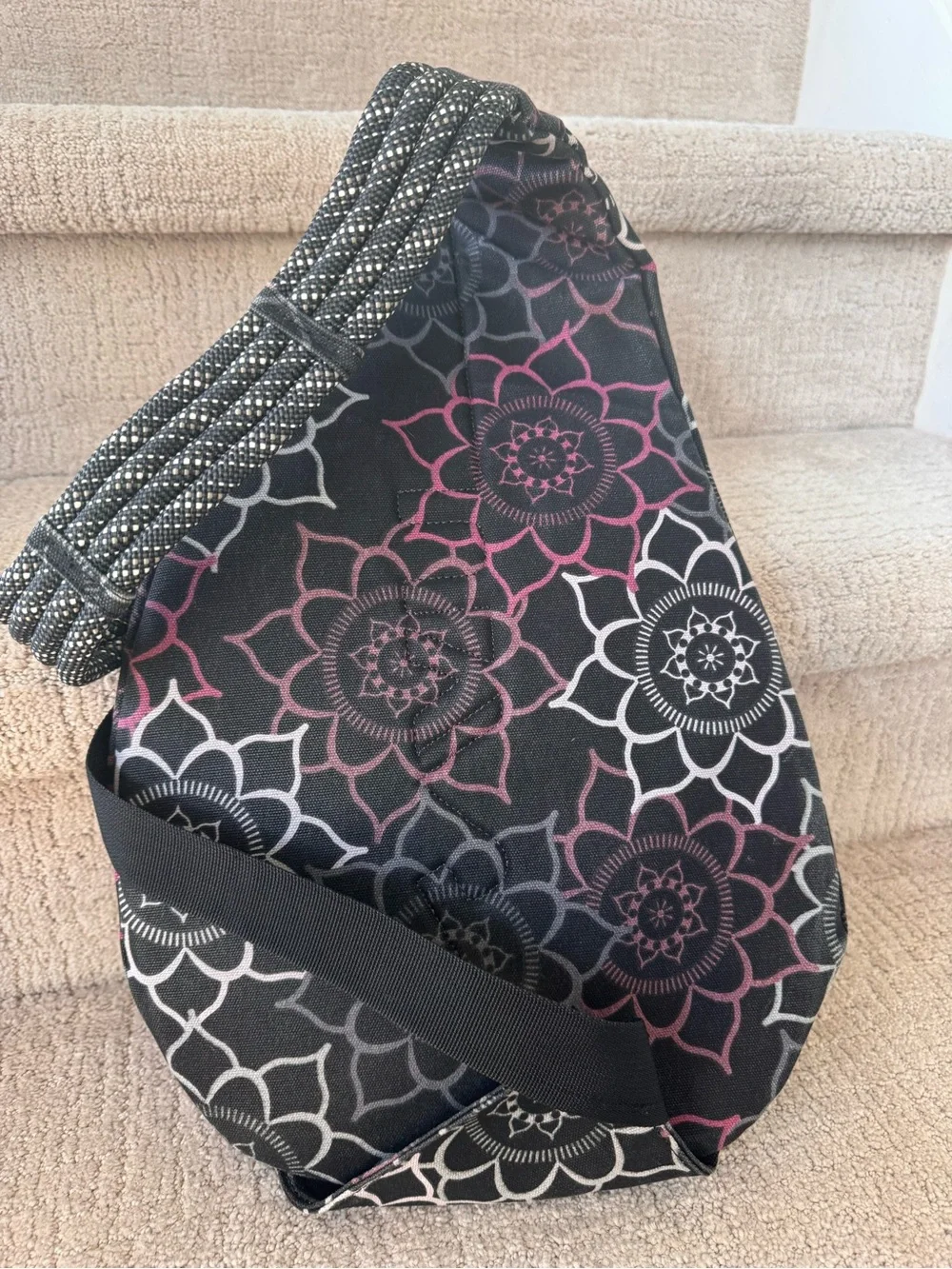 Kavu Black Sling Bag with Pink & Gray Floral Pattern